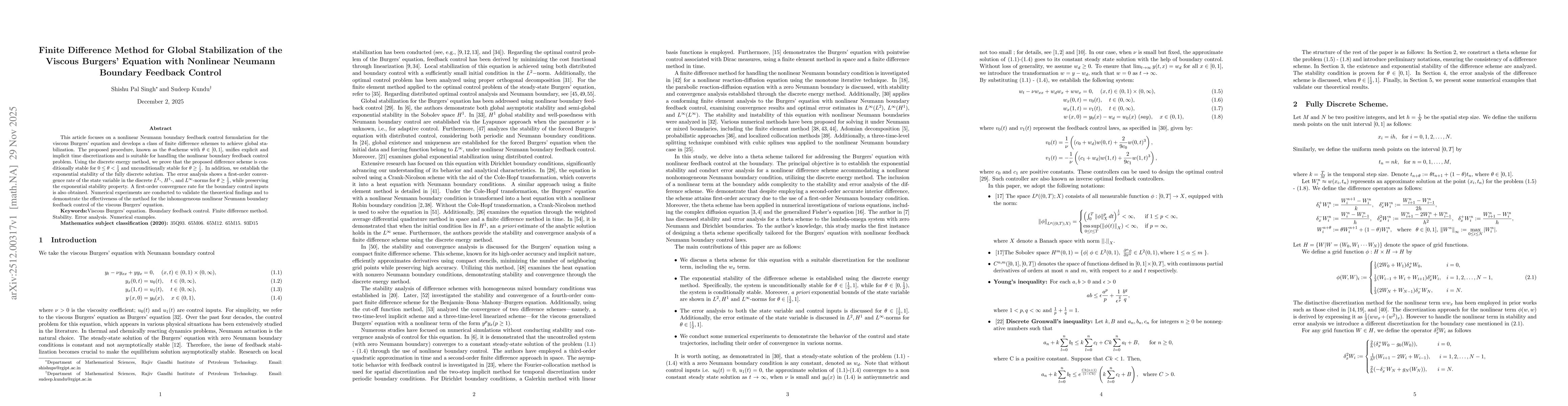 Thumbnail for Finite Difference Method for Global Stabilization of the Viscous Burgers' Equation with Nonlinear Neumann Boundary Feedback Control