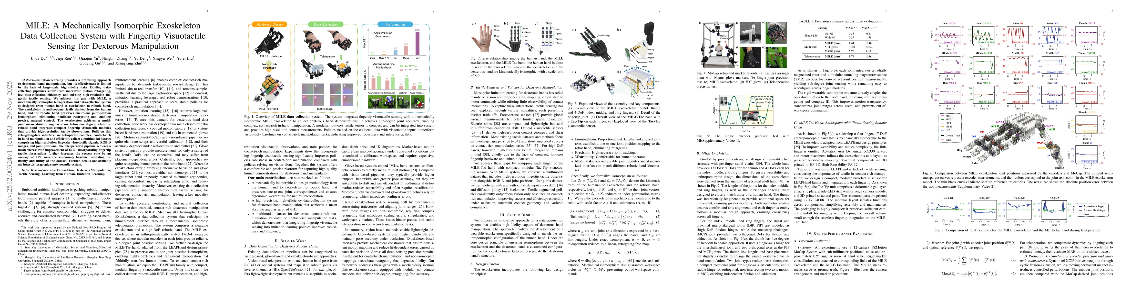 Thumbnail for MILE: A Mechanically Isomorphic Exoskeleton Data Collection System with Fingertip Visuotactile Sensing for Dexterous Manipulation