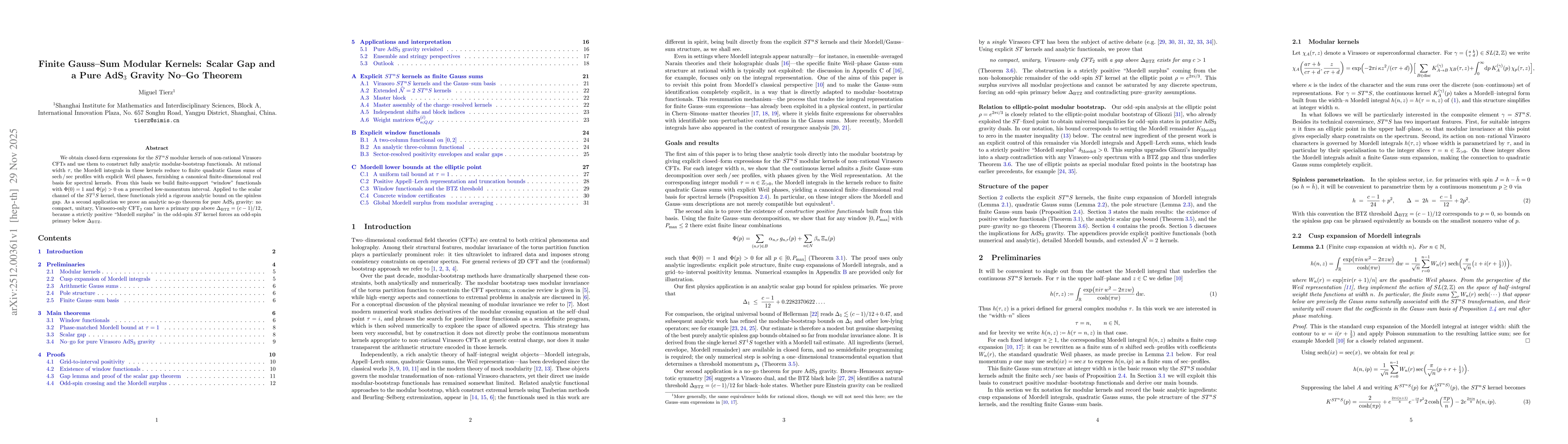 Thumbnail for Finite Gauss-Sum Modular Kernels: Scalar Gap and a Pure AdS$_3$ Gravity No-Go Theorem