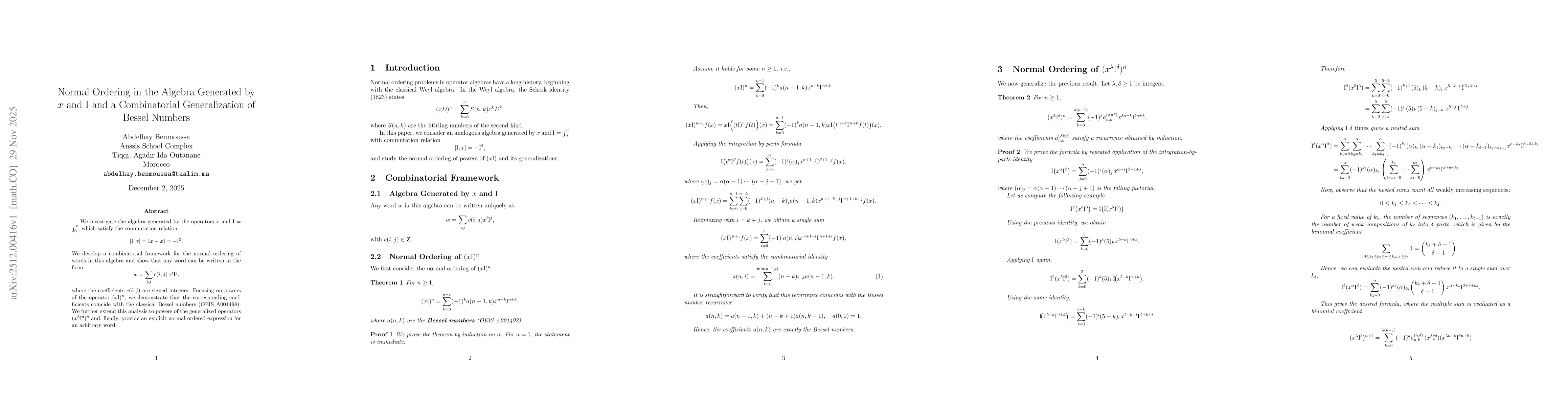 Thumbnail for Normal Ordering in the Algebra Generated by $x$ and $\mathrm{I}$ and a Combinatorial Generalization of Bessel Numbers