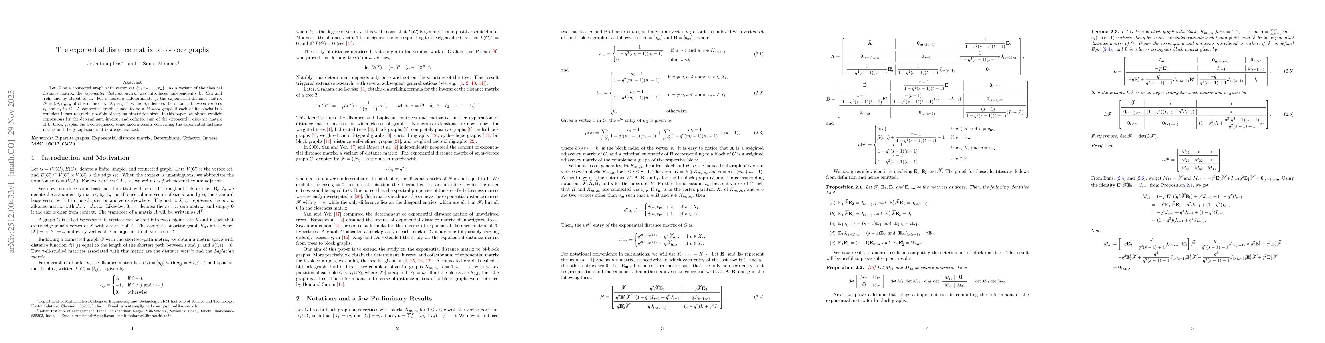 Thumbnail for The exponential distance matrix of bi-block graphs