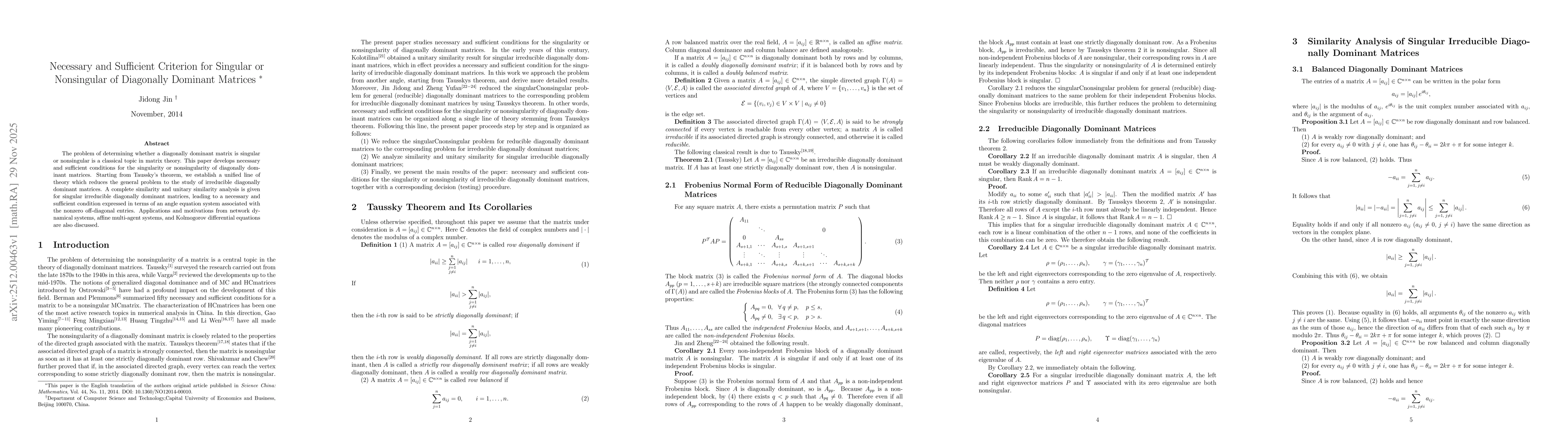 Thumbnail for Necessary and Sufficient Criterion for Singular or Nonsingular of Diagonally Dominant Matrices