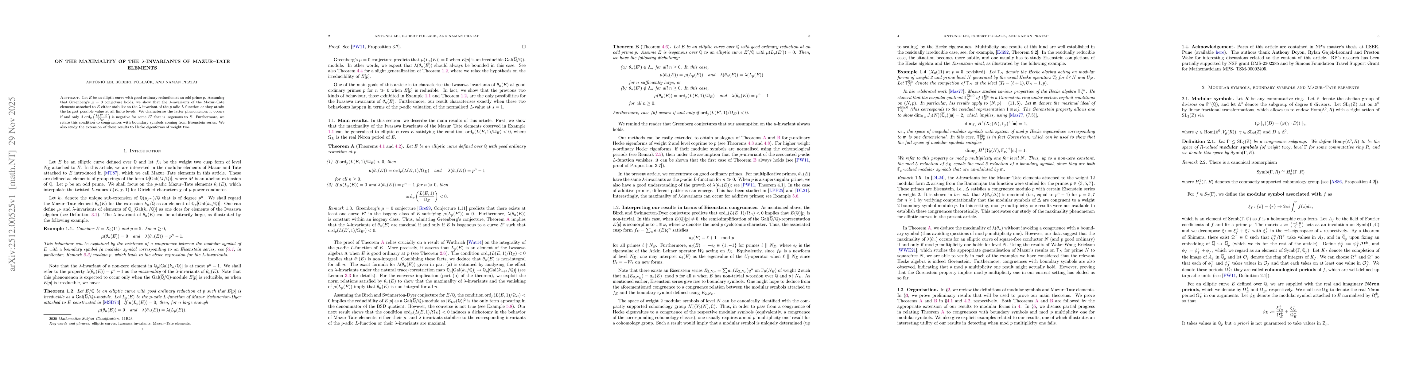 Thumbnail for On the maximality of the $λ$-invariants of Mazur--Tate elements