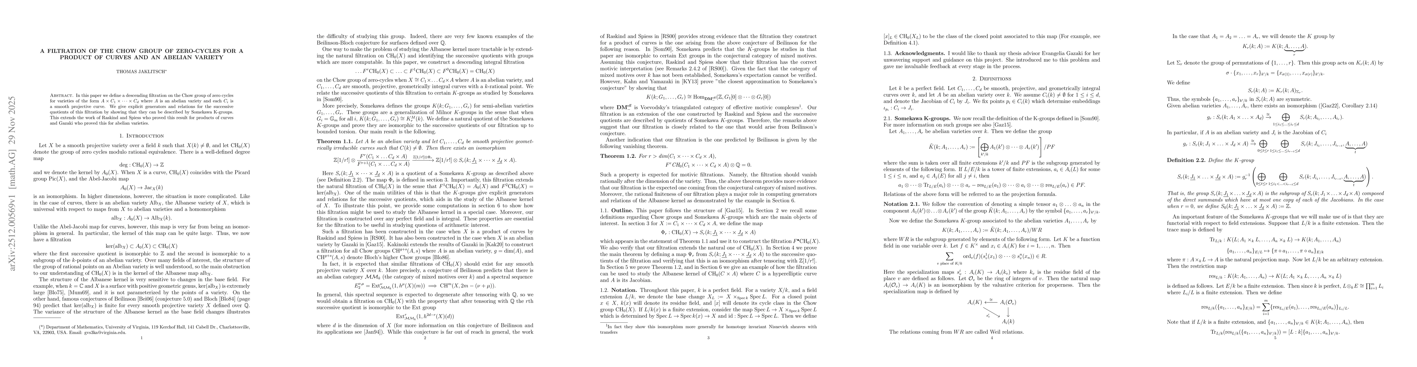 Thumbnail for A Filtration of the Chow Group of Zero-Cycles for a Product of Curves and an Abelian Variety