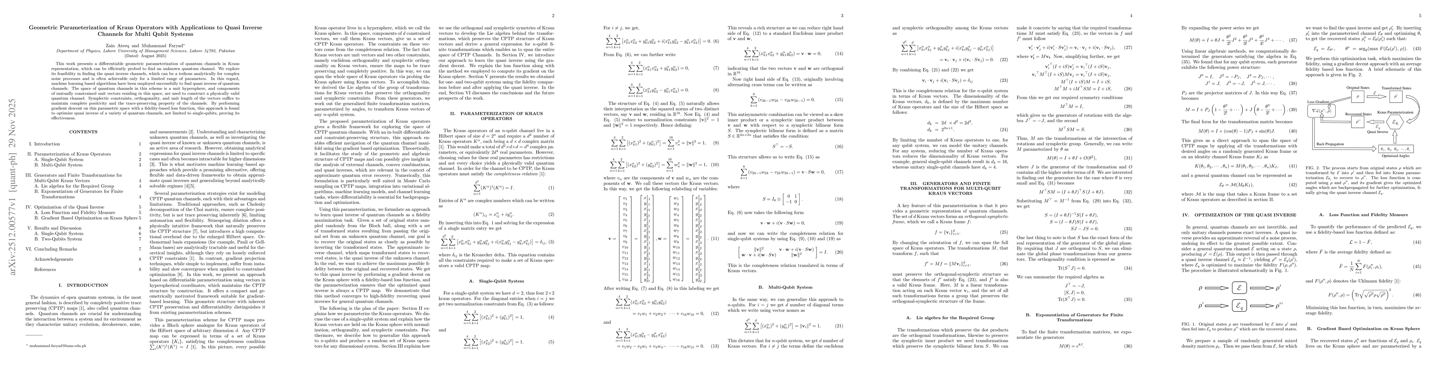 Thumbnail for Geometric Parameterization of Kraus Operators with Applications to Quasi Inverse Channels for Multi Qubit Systems