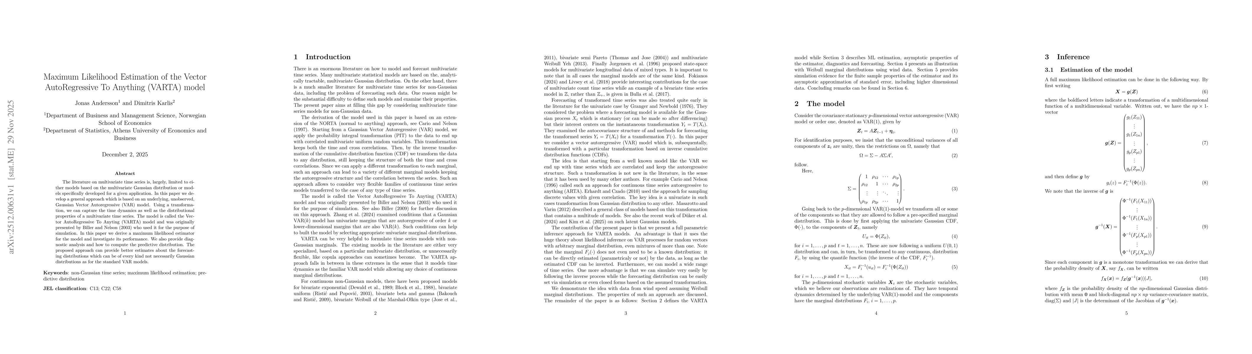 Thumbnail for Maximum Likelihood Estimation of the Vector AutoRegressive To Anything (VARTA) model