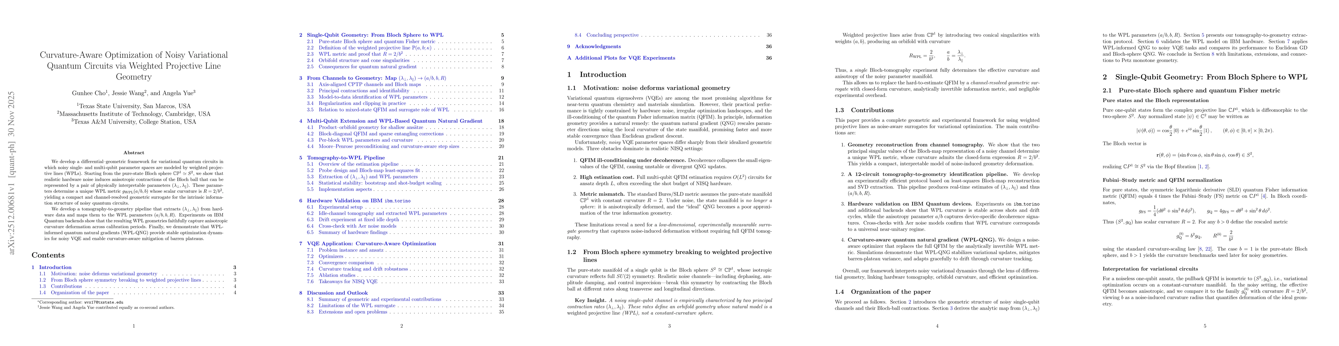 Thumbnail for Curvature-Aware Optimization of Noisy Variational Quantum Circuits via Weighted Projective Line Geometry