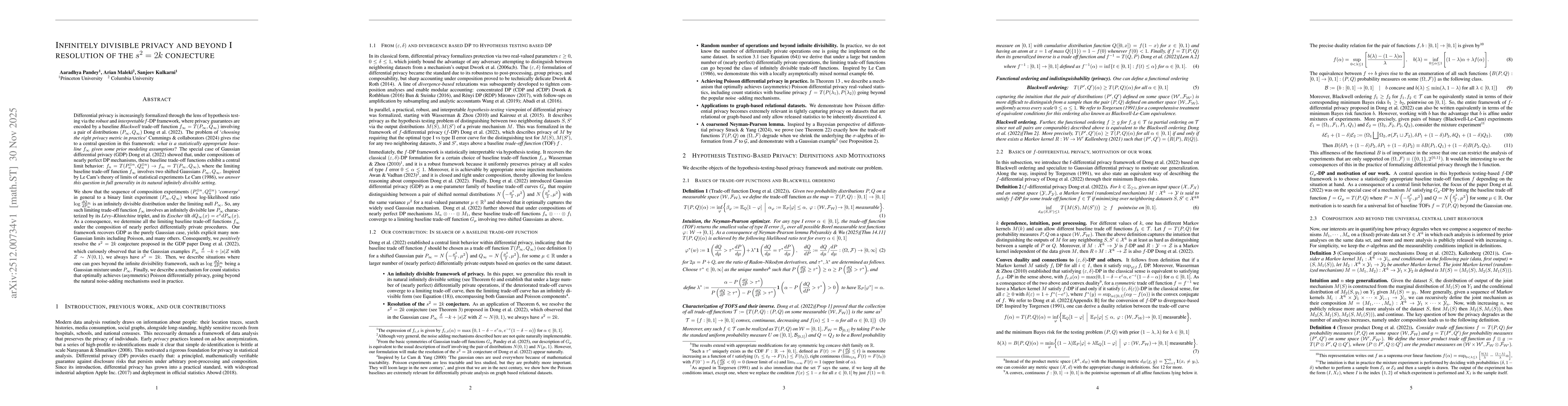 Thumbnail for Infinitely divisible privacy and beyond I: resolution of the $s^2=2k$ conjecture