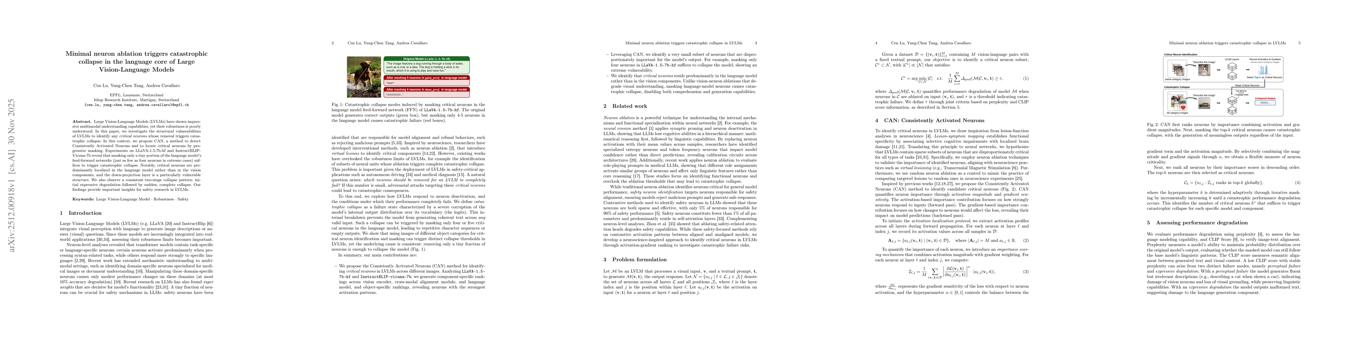 Thumbnail for Minimal neuron ablation triggers catastrophic collapse in the language core of Large Vision-Language Models