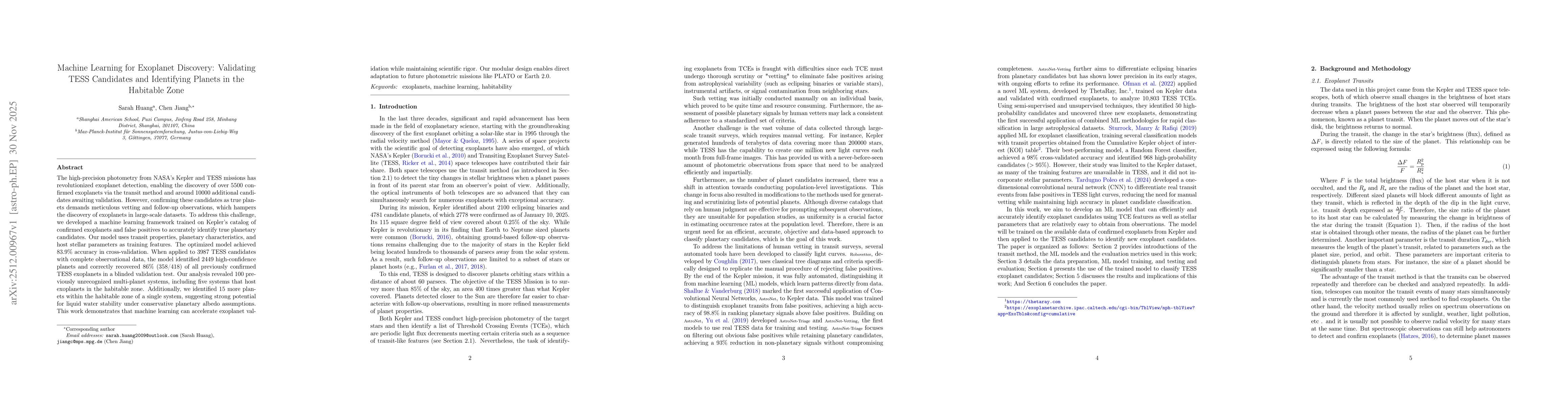 Thumbnail for Machine Learning for Exoplanet Discovery: Validating TESS Candidates and Identifying Planets in the Habitable Zone