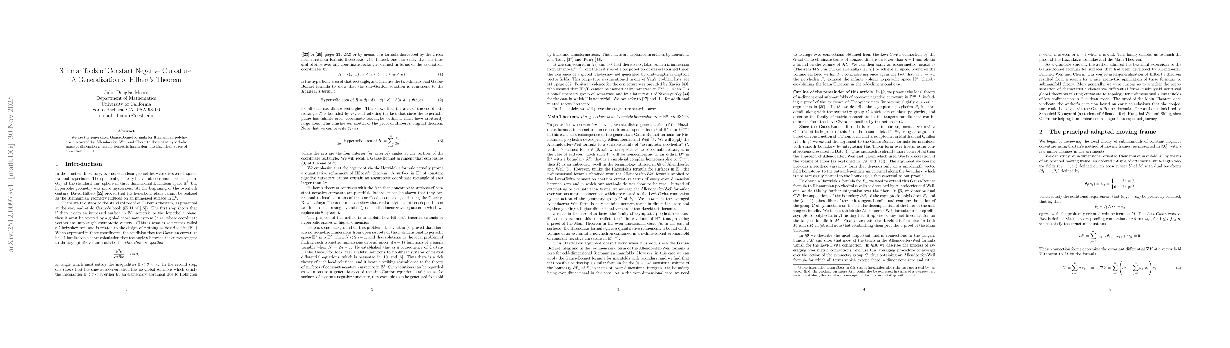Thumbnail for Submanifolds of Constant Negative Curvature: A Generalization of Hilbert's Theorem