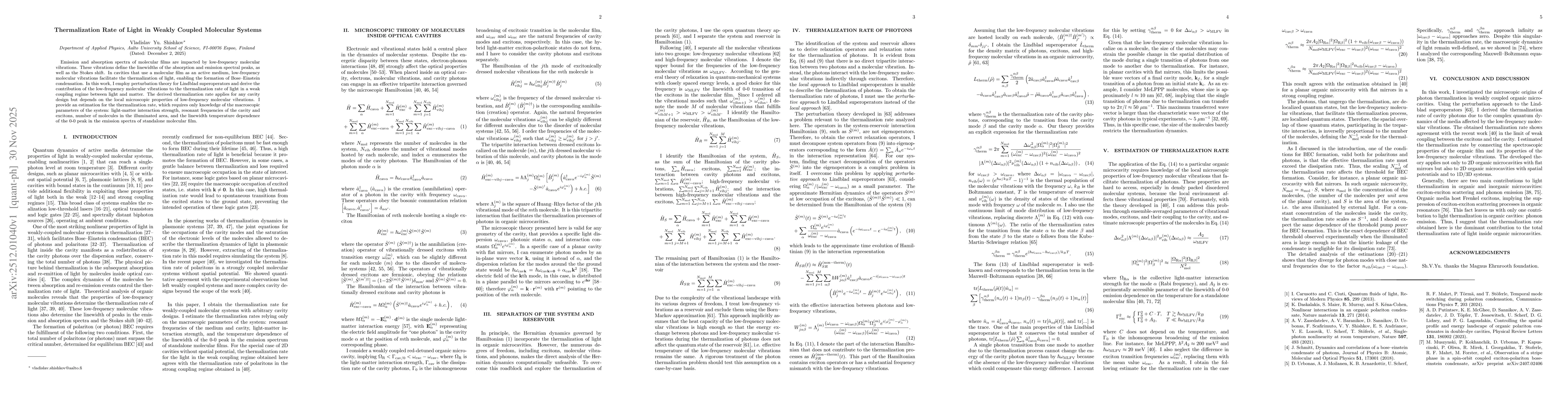 Thumbnail for Thermalization Rate of Light in Weakly Coupled Molecular Systems