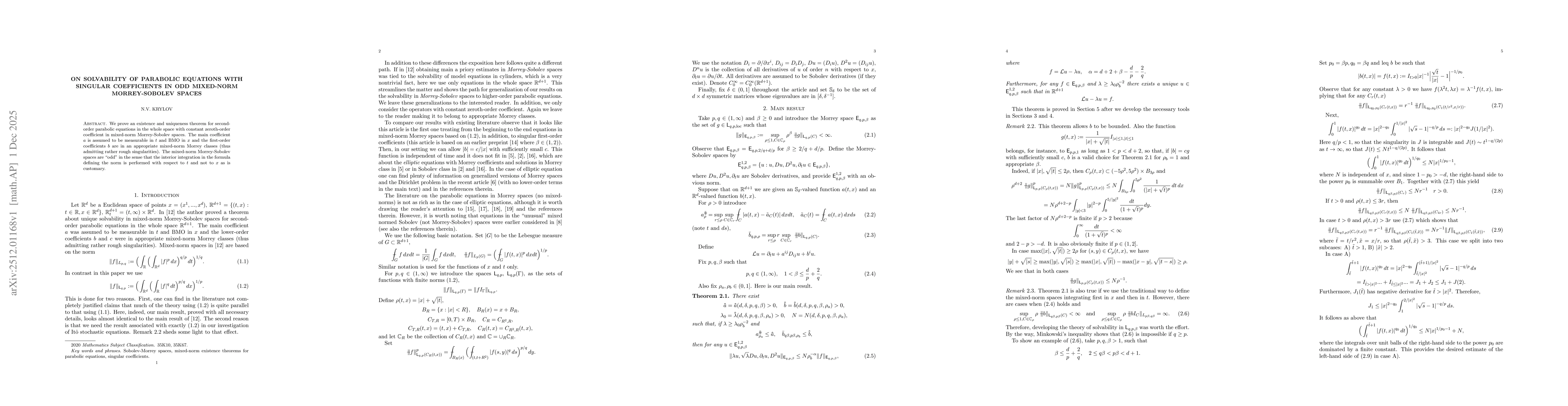 Thumbnail for On solvability of parabolic equations with singular coefficients in odd mixed-norm Morrey-Sobolev spaces