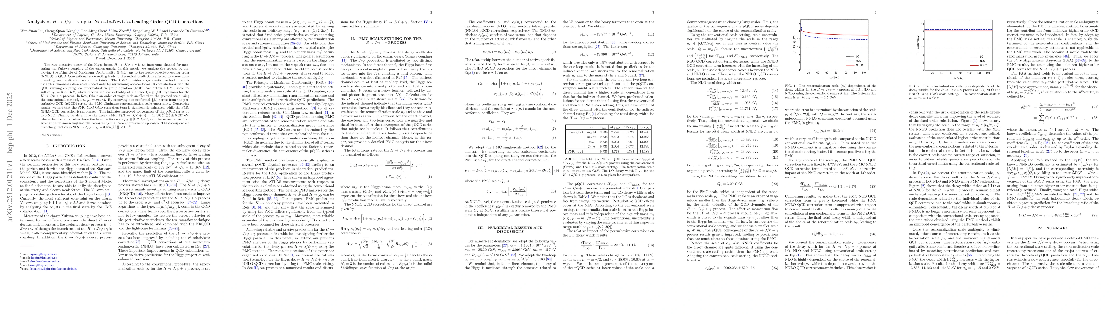 Thumbnail for Analysis of $H \to J/ψ+γ$ up to Next-to-Next-to-Leading Order QCD Corrections