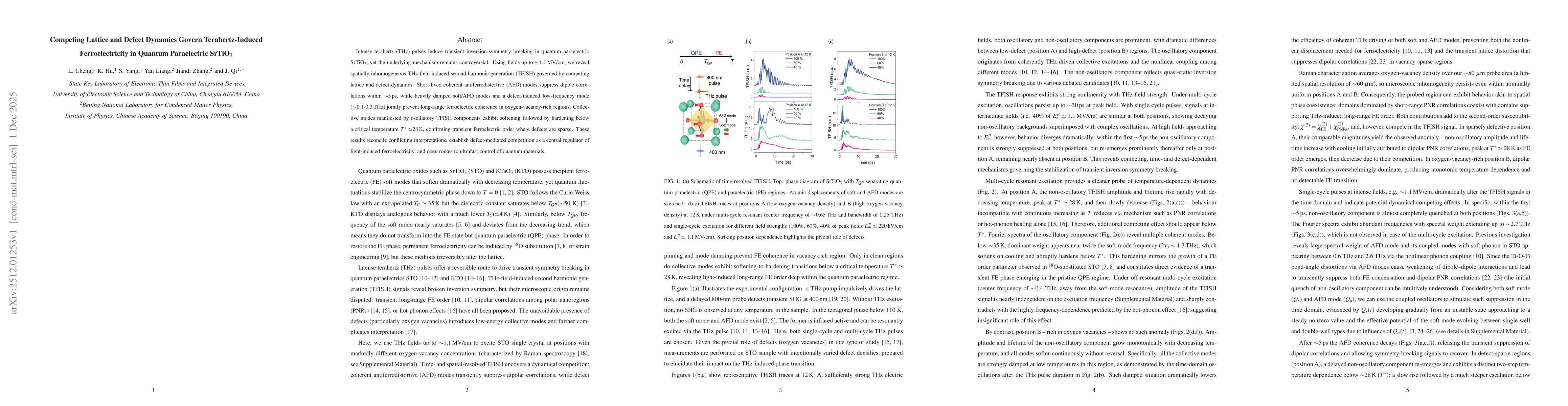 Thumbnail for Competing Lattice and Defect Dynamics Govern Terahertz-Induced Ferroelectricity in Quantum Paraelectric SrTiO$_3$