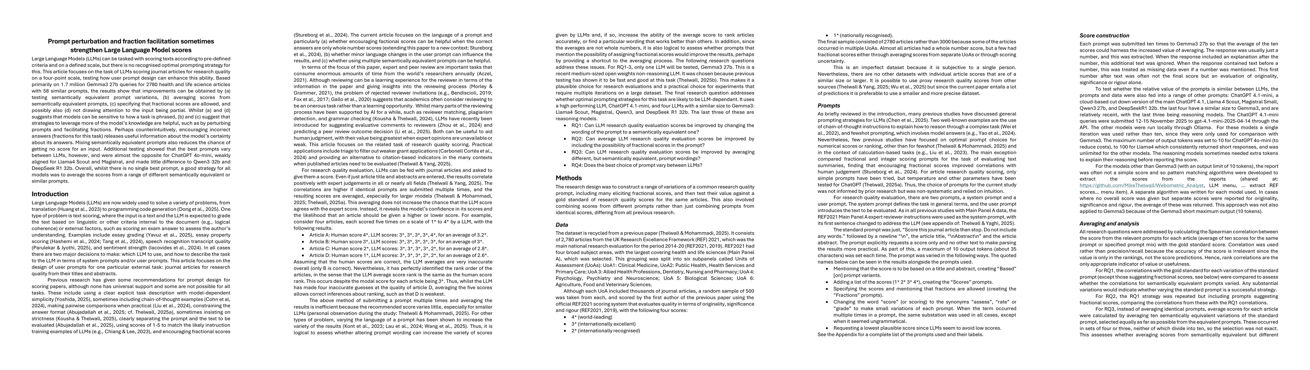 Thumbnail for Prompt perturbation and fraction facilitation sometimes strengthen Large Language Model scores