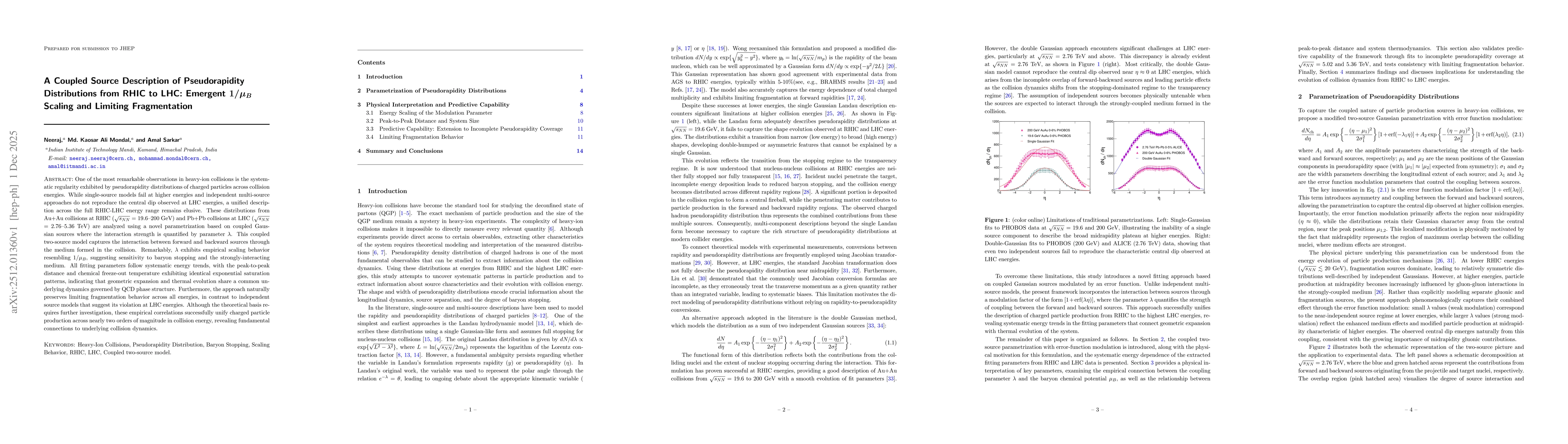 Thumbnail for A Coupled Source Description of Pseudorapidity Distributions from RHIC to LHC: Emergent $1/μ_B$ Scaling and Limiting Fragmentation