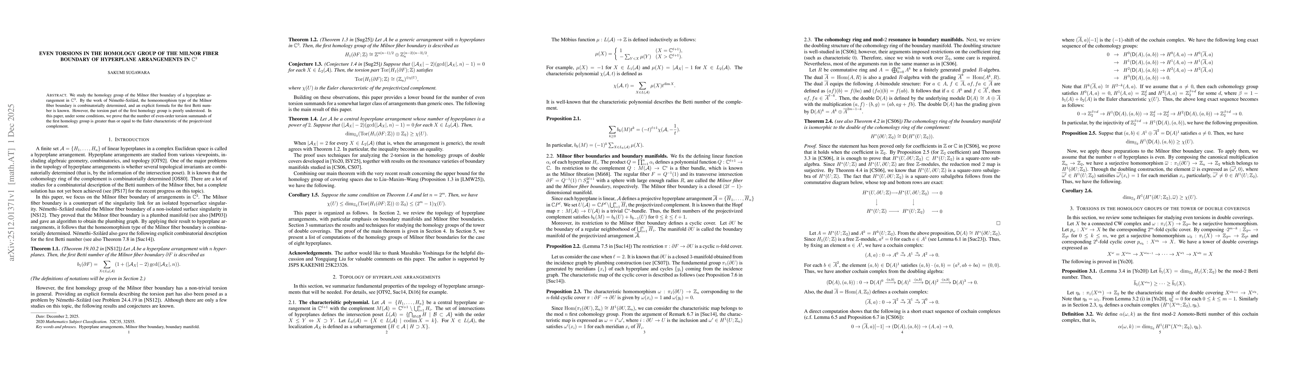 Thumbnail for Even torsions in the homology group of the Milnor fiber boundary of hyperplane arrangements in $\mathbb{C}^3$