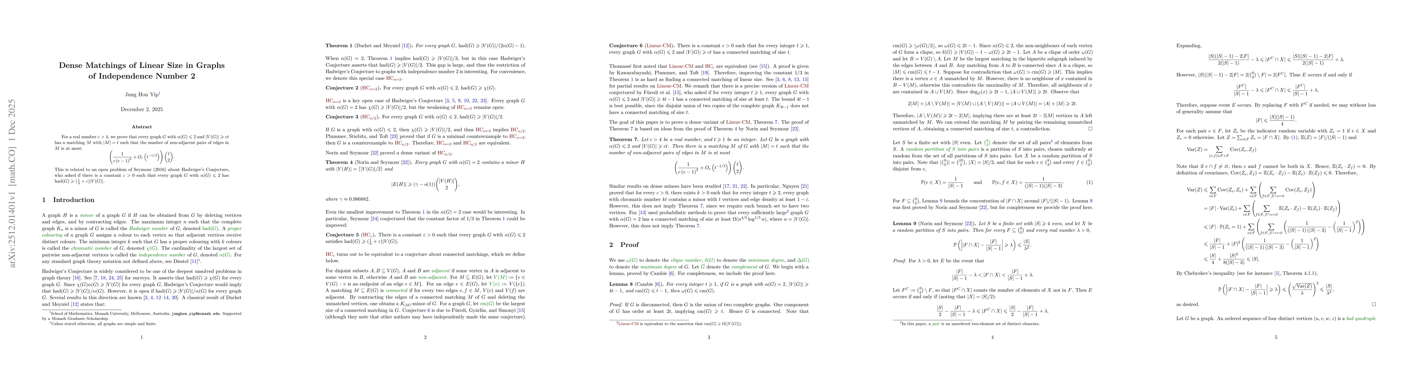 Thumbnail for Dense Matchings of Linear Size in Graphs of Independence Number 2