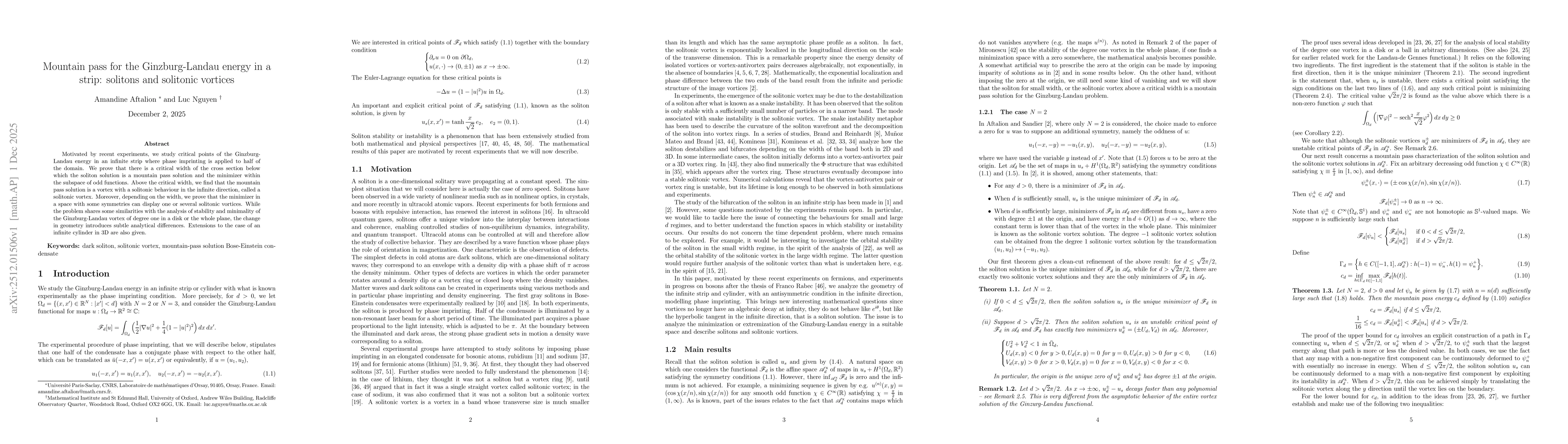Thumbnail for Mountain pass for the Ginzburg-Landau energy in a strip: solitons and solitonic vortices