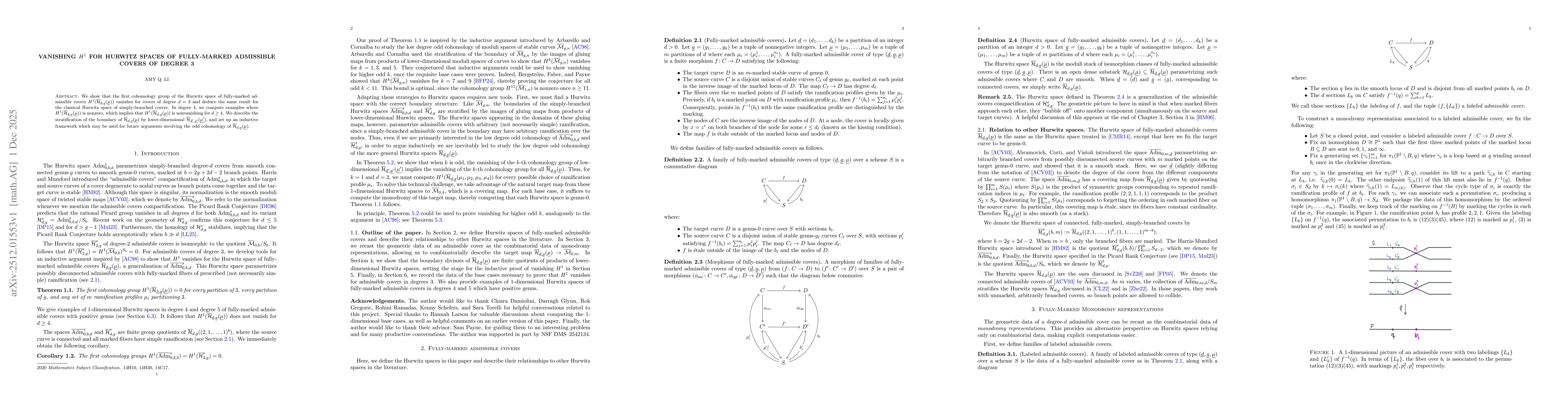 Thumbnail for Vanishing $H^1$ for Hurwitz spaces of fully-marked admissible covers of degree 3