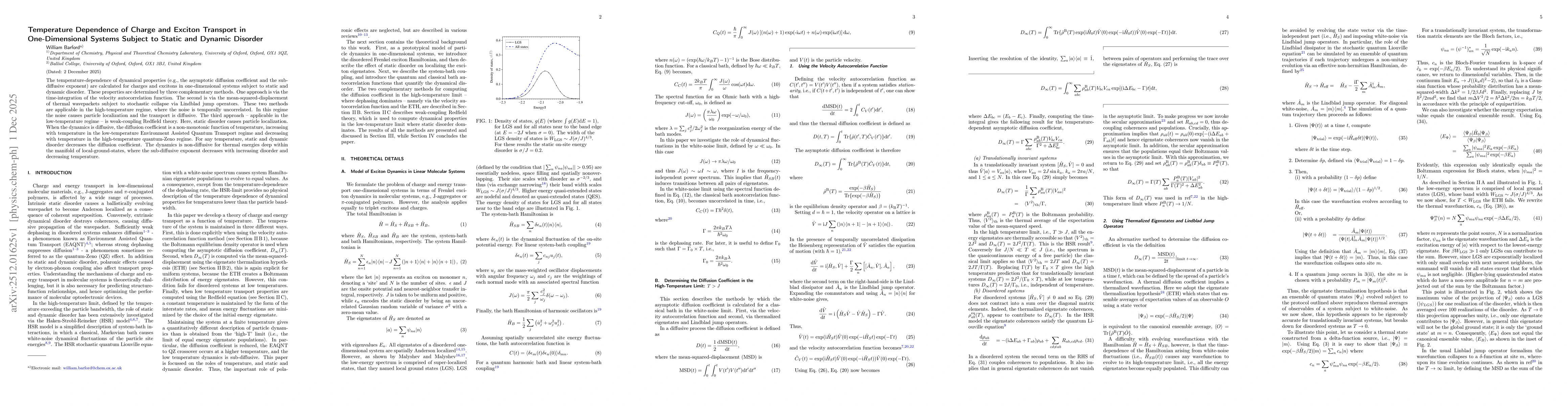 Thumbnail for Temperature Dependence of Charge and Exciton Transport in One-Dimensional Systems Subject to Static and Dynamic Disorder