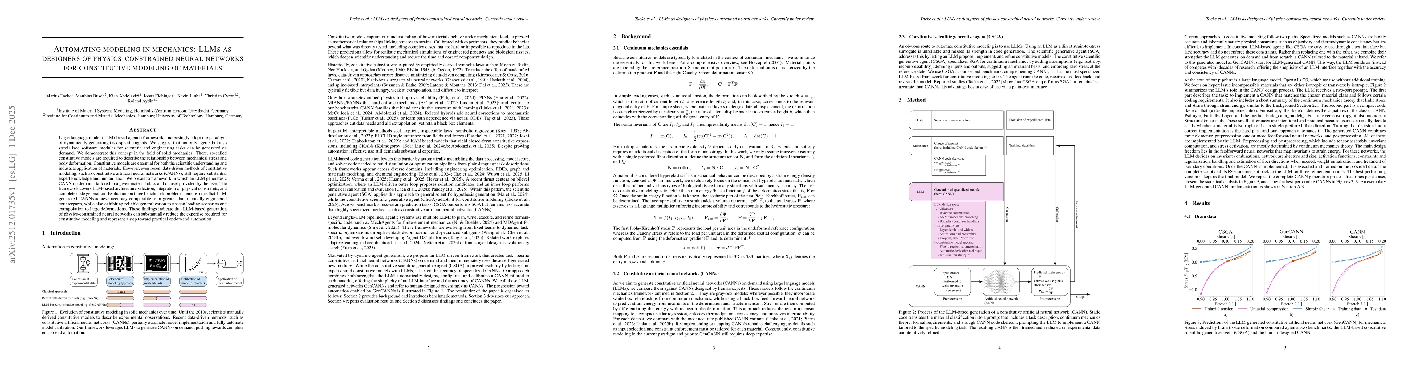 Thumbnail for Automating modeling in mechanics: LLMs as designers of physics-constrained neural networks for constitutive modeling of materials
