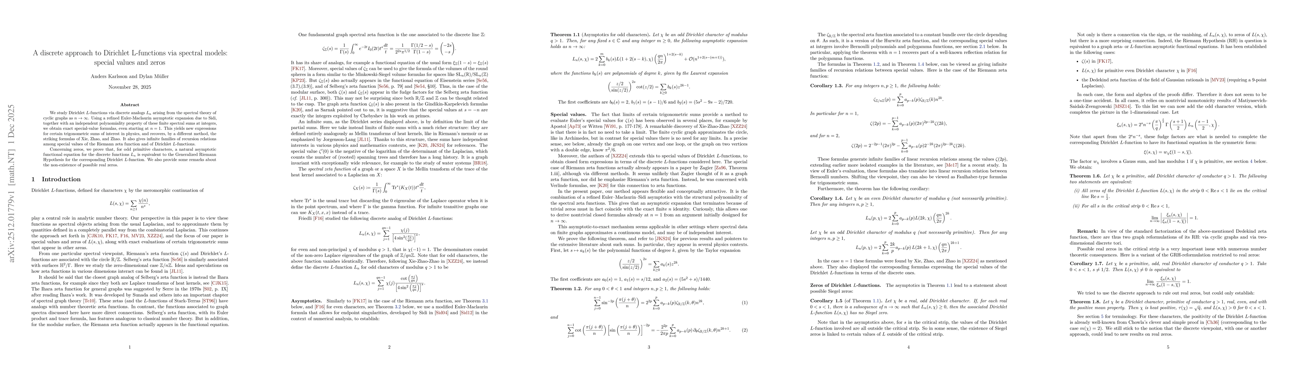 Thumbnail for A discrete approach to Dirichlet L-functions via spectral models: special values and zeros