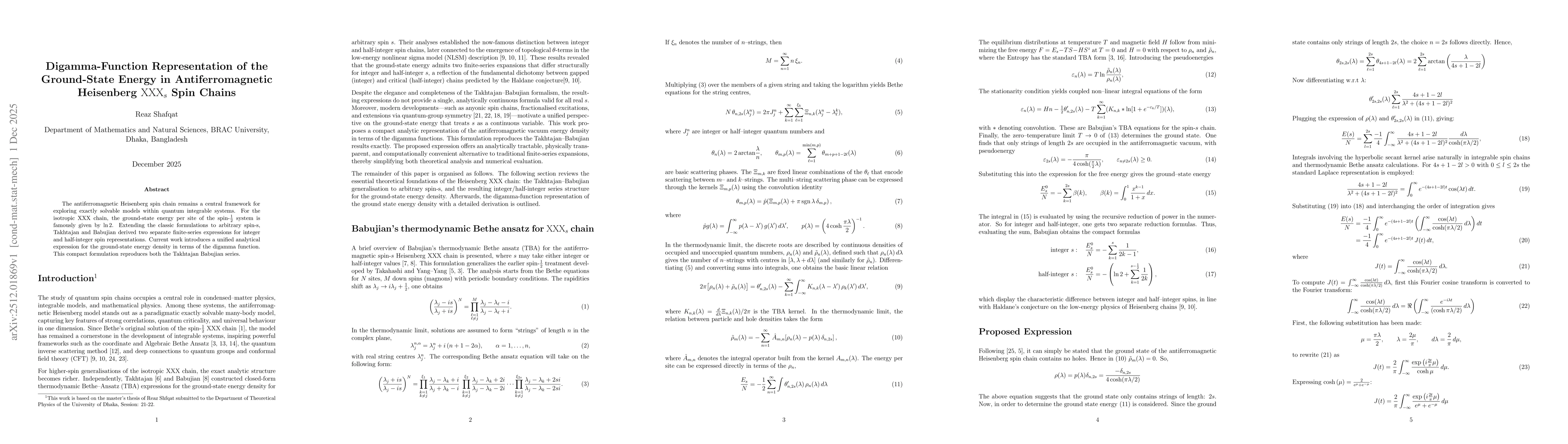 Thumbnail for Digamma-Function Representation of the Ground-State Energy in Antiferromagnetic Heisenberg $\mathrm{XXX}_s$ Spin Chains