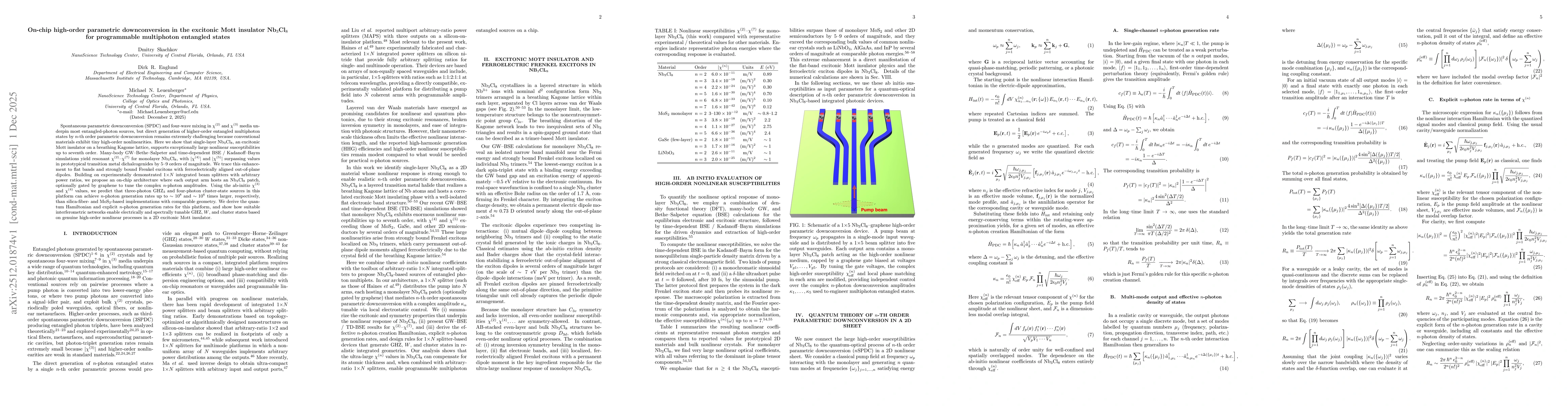 Thumbnail for On-chip high-order parametric downconversion in the excitonic Mott insulator Nb$_3$Cl$_8$ for programmable multiphoton entangled states