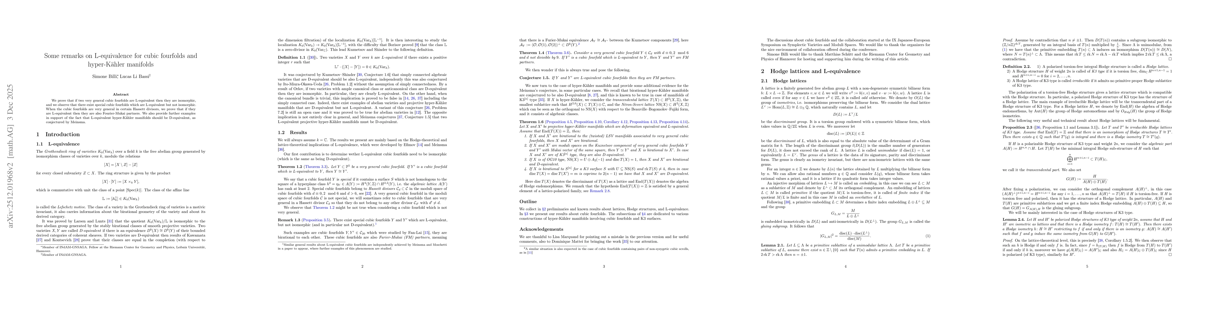 Thumbnail for Some remarks on L-equivalence for cubic fourfolds and hyper-Kähler manifolds