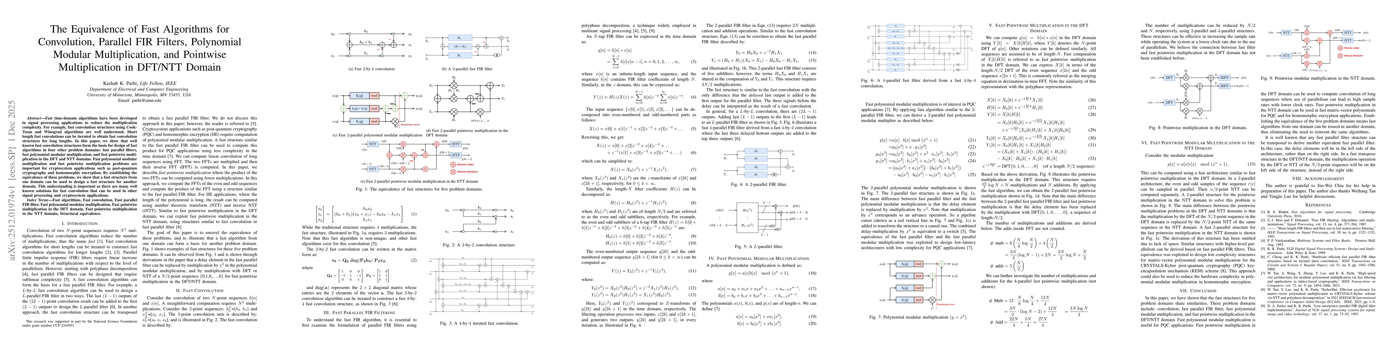 Thumbnail for The Equivalence of Fast Algorithms for Convolution, Parallel FIR Filters, Polynomial Modular Multiplication, and Pointwise Multiplication in DFT/NTT Domain