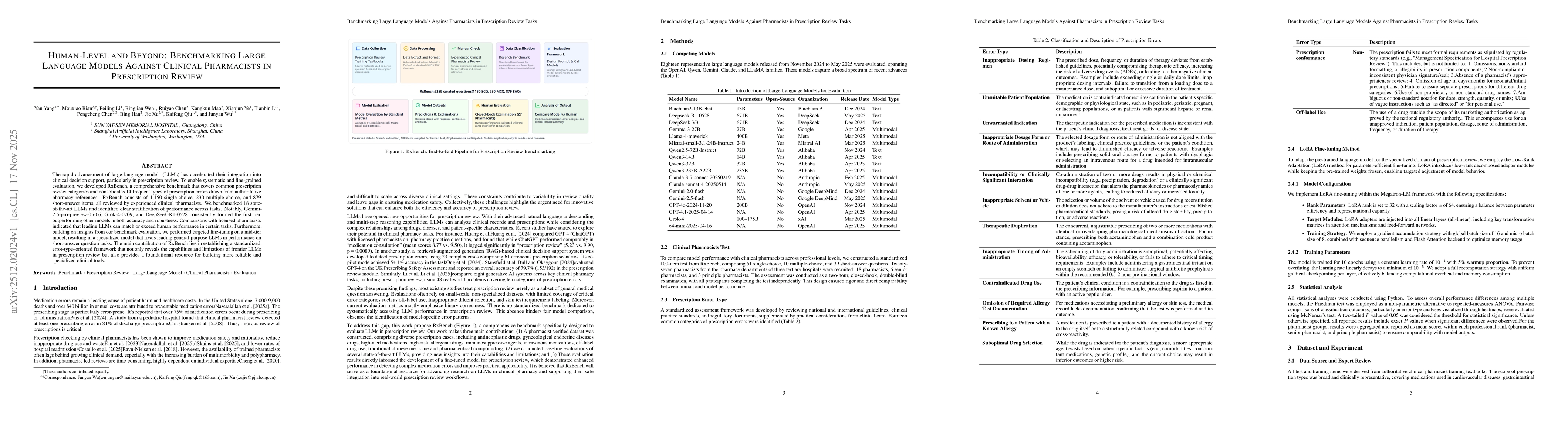 Thumbnail for Human-Level and Beyond: Benchmarking Large Language Models Against Clinical Pharmacists in Prescription Review