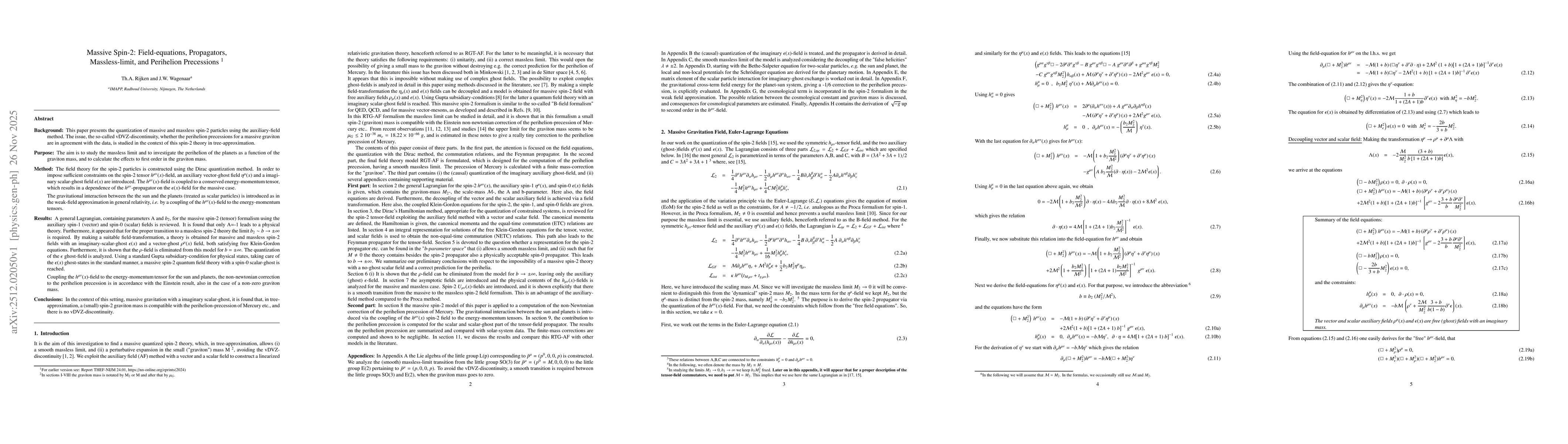 Thumbnail for Massive Spin-2: Field-equations, Propagators, Massless-limit, and Perihelion Precessions