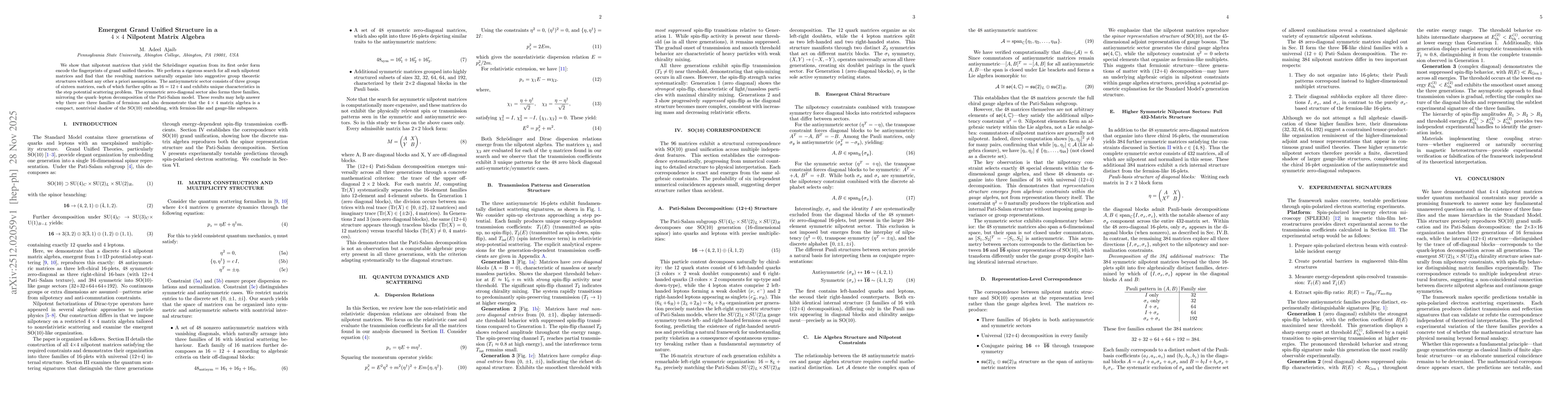 Thumbnail for Emergent Grand Unified Structure in a 4 x 4 Nilpotent Matrix Algebra