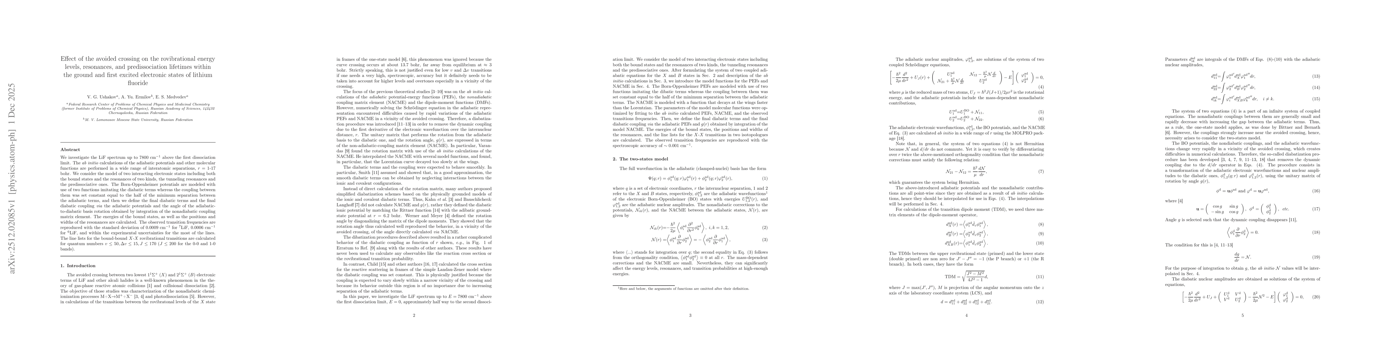 Thumbnail for Effect of the avoided crossing on the rovibrational energy levels, resonances, and predissociation lifetimes within the ground and first excited electronic states of lithium fluoride