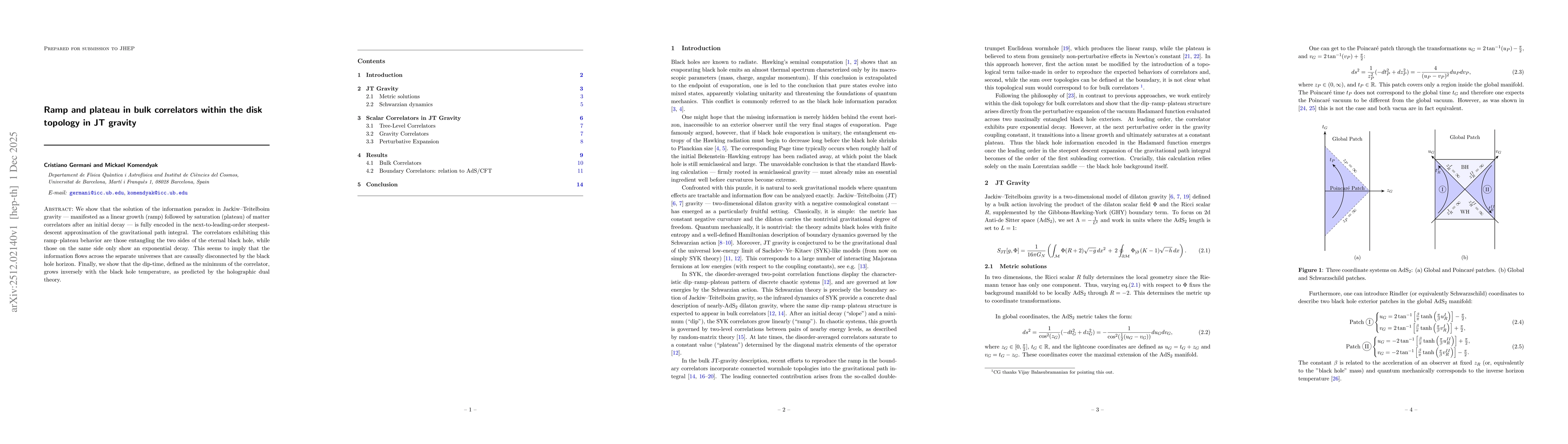 Thumbnail for Ramp and plateau in bulk correlators within the disk topology in JT gravity