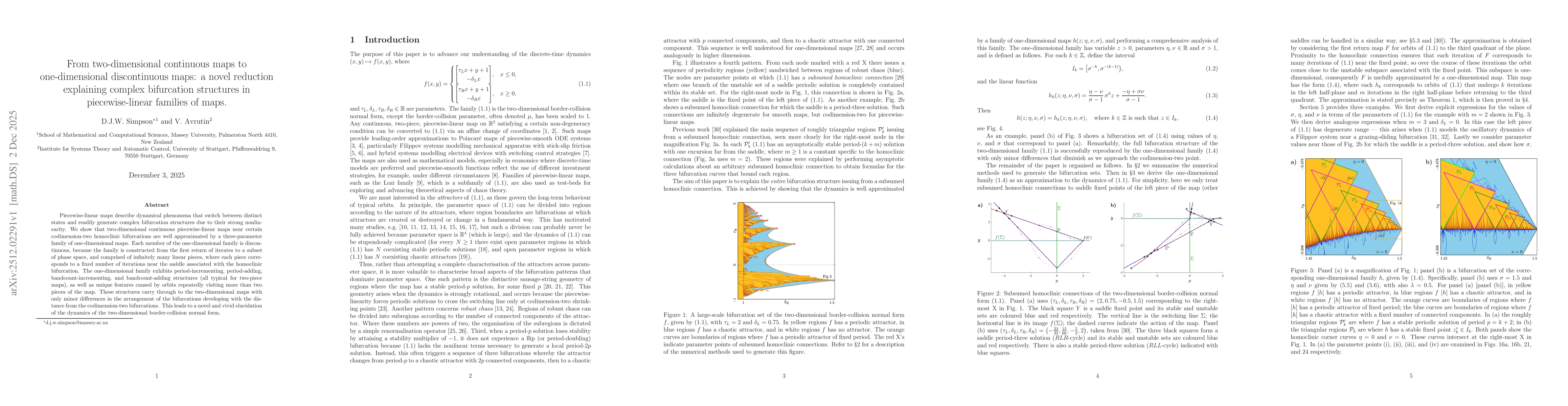 Thumbnail for From two-dimensional continuous maps to one-dimensional discontinuous maps: a novel reduction explaining complex bifurcation structures in piecewise-linear families of maps