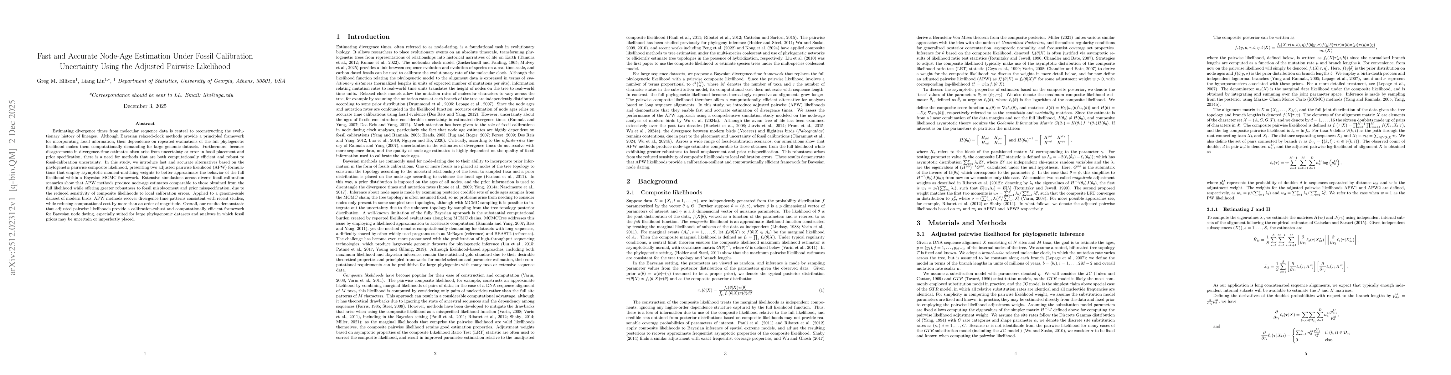 Thumbnail for Fast and Accurate Node-Age Estimation Under Fossil Calibration Uncertainty Using the Adjusted Pairwise Likelihood