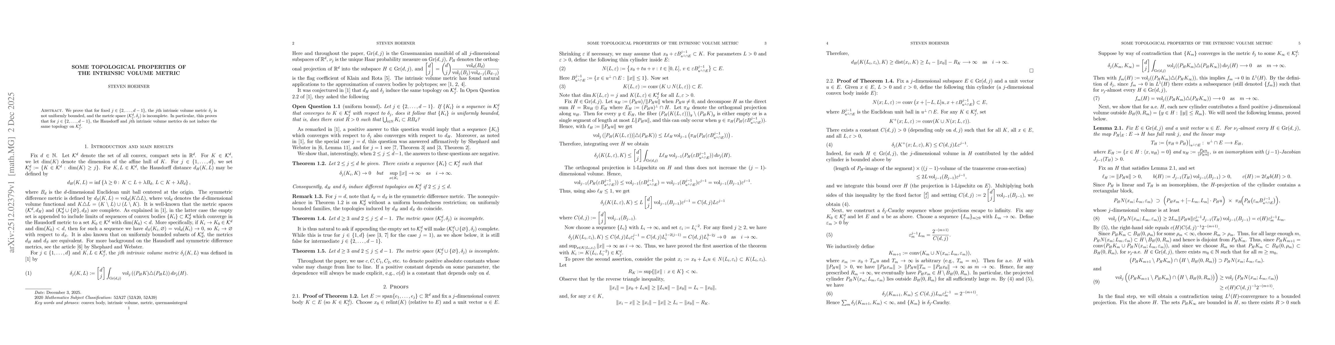 Thumbnail for Some topological properties of the intrinsic volume metric