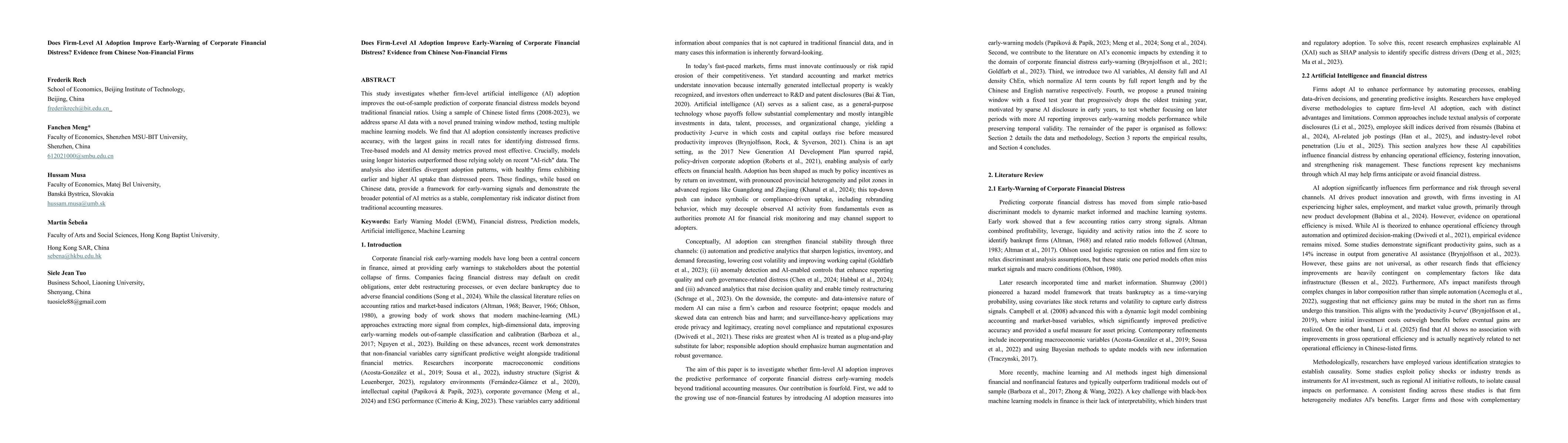 Thumbnail for Does Firm-Level AI Adoption Improve Early-Warning of Corporate Financial Distress? Evidence from Chinese Non-Financial Firms