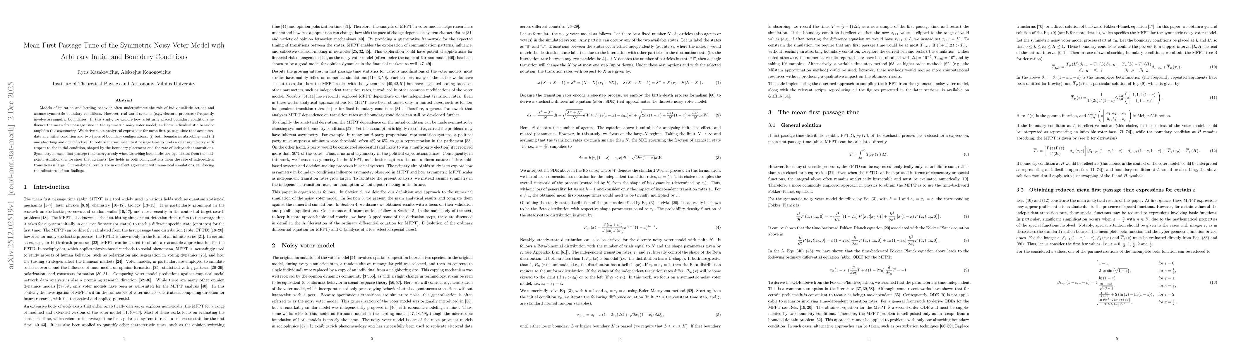 Thumbnail for Mean First Passage Time of the Symmetric Noisy Voter Model with Arbitrary Initial and Boundary Conditions