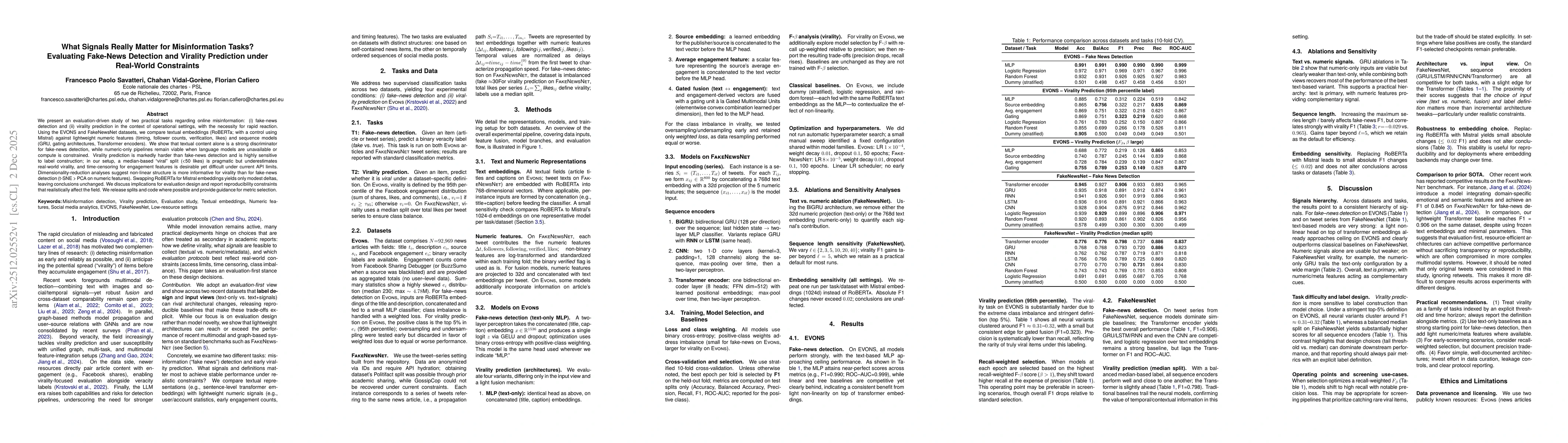 Thumbnail for What Signals Really Matter for Misinformation Tasks? Evaluating Fake-News Detection and Virality Prediction under Real-World Constraints