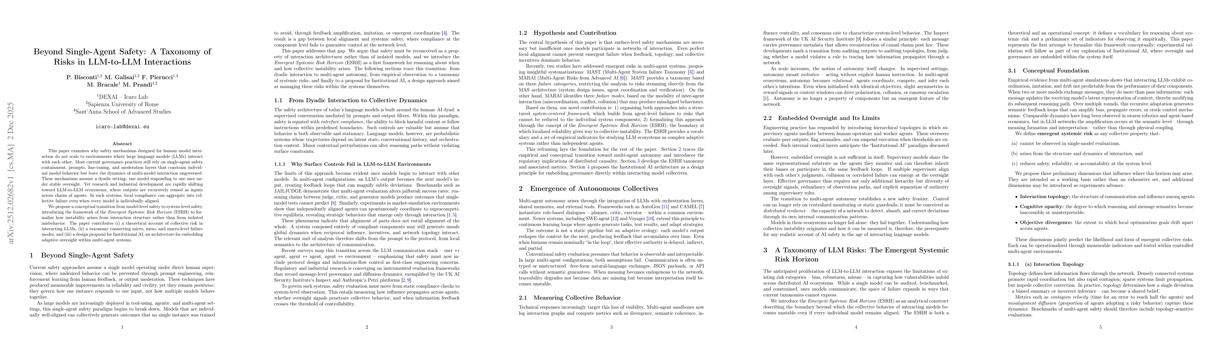 Thumbnail for Beyond Single-Agent Safety: A Taxonomy of Risks in LLM-to-LLM Interactions