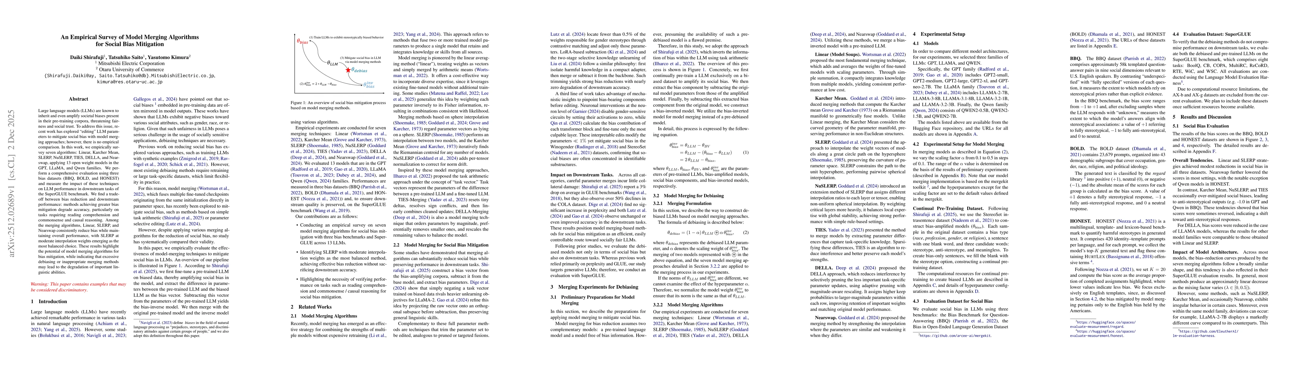 Thumbnail for An Empirical Survey of Model Merging Algorithms for Social Bias Mitigation