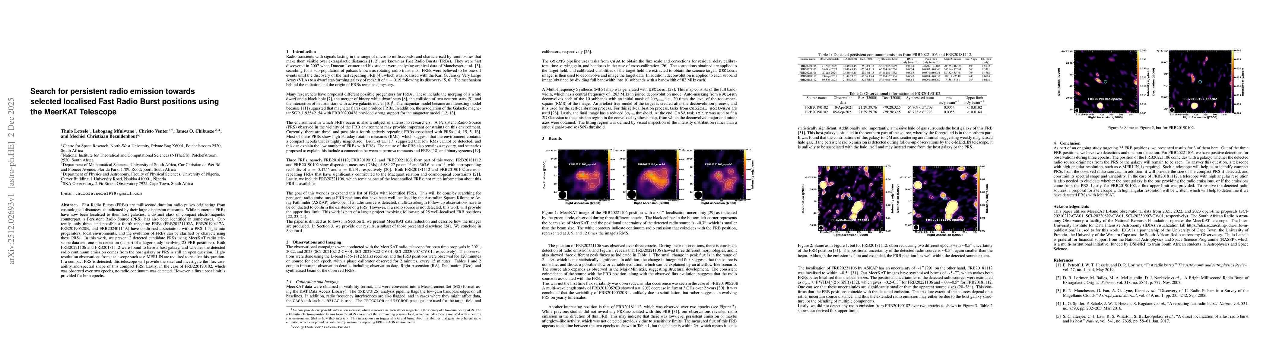 Thumbnail for Search for persistent radio emission towards selected localised Fast Radio Burst positions using the MeerKAT Telescope
