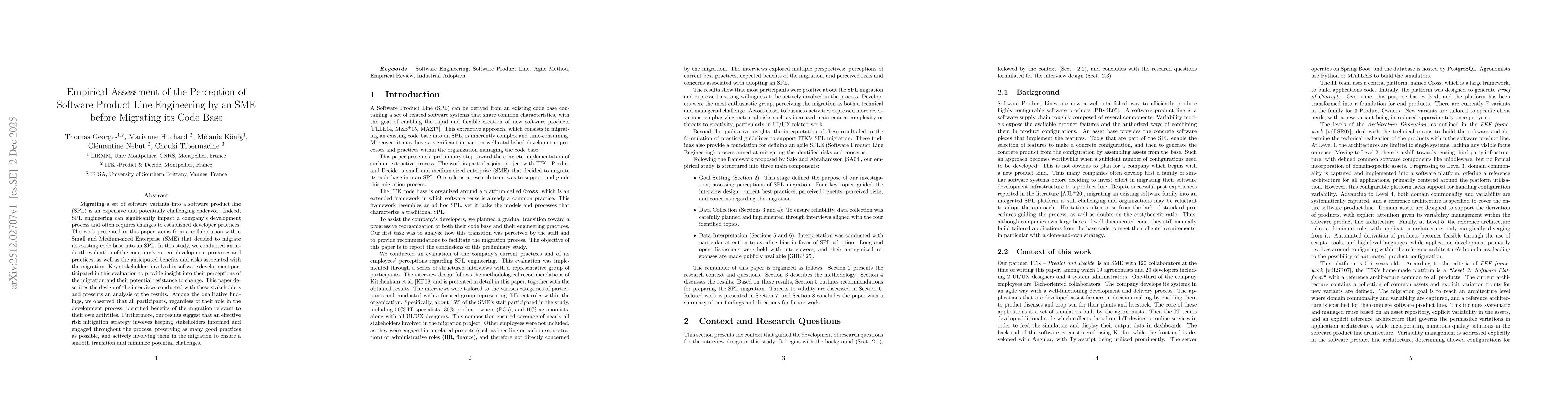 Thumbnail for Empirical Assessment of the Perception of Software Product Line Engineering by an SME before Migrating its Code Base