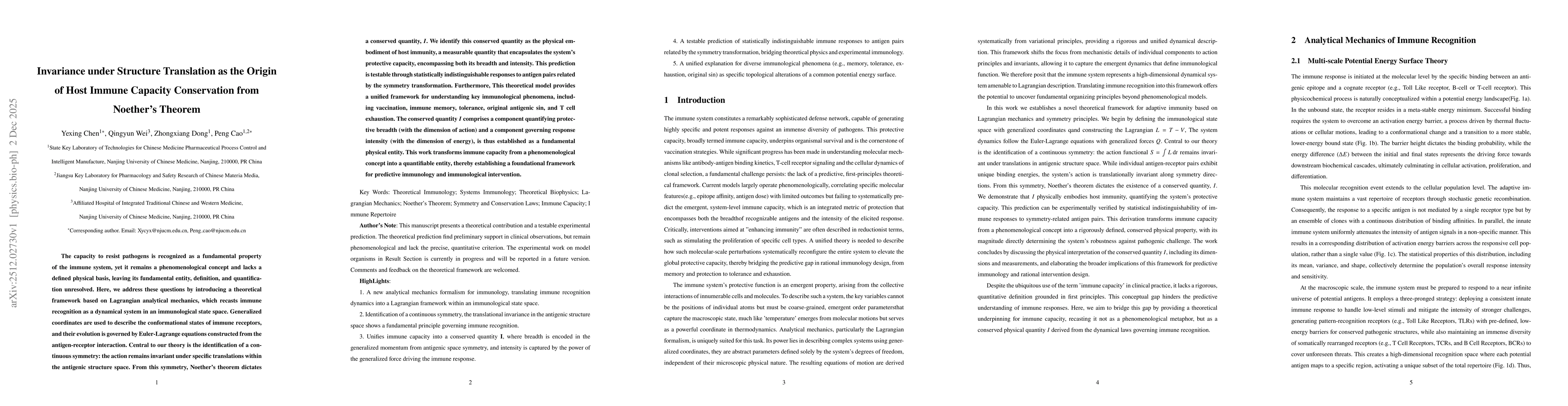 Thumbnail for Invariance under Structure Translation as the Origin of Host Immune Capacity Conservation from Noether's Theorem