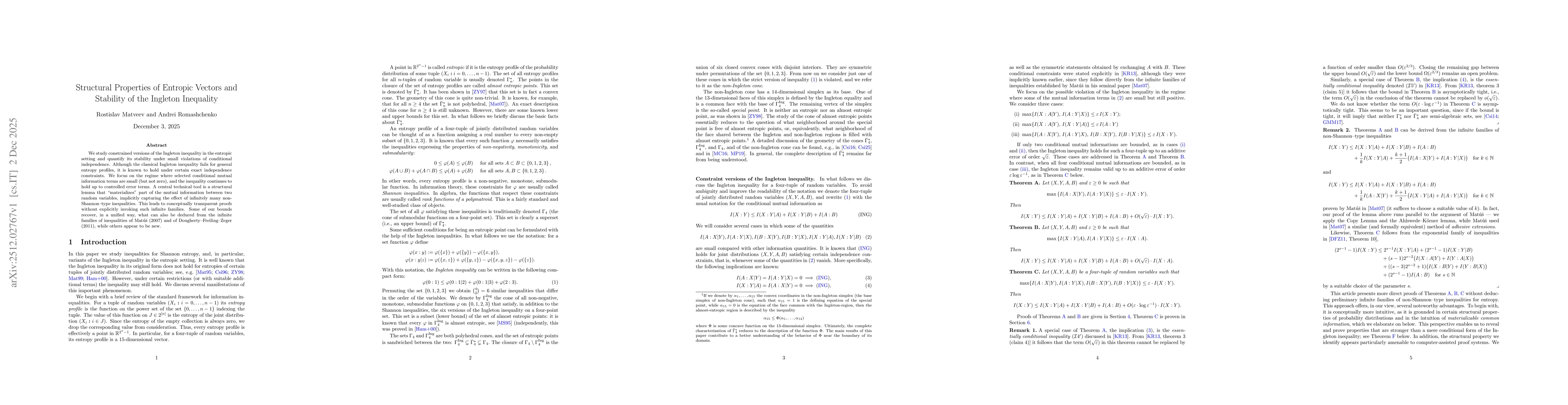 Thumbnail for Structural Properties of Entropic Vectors and Stability of the Ingleton Inequality