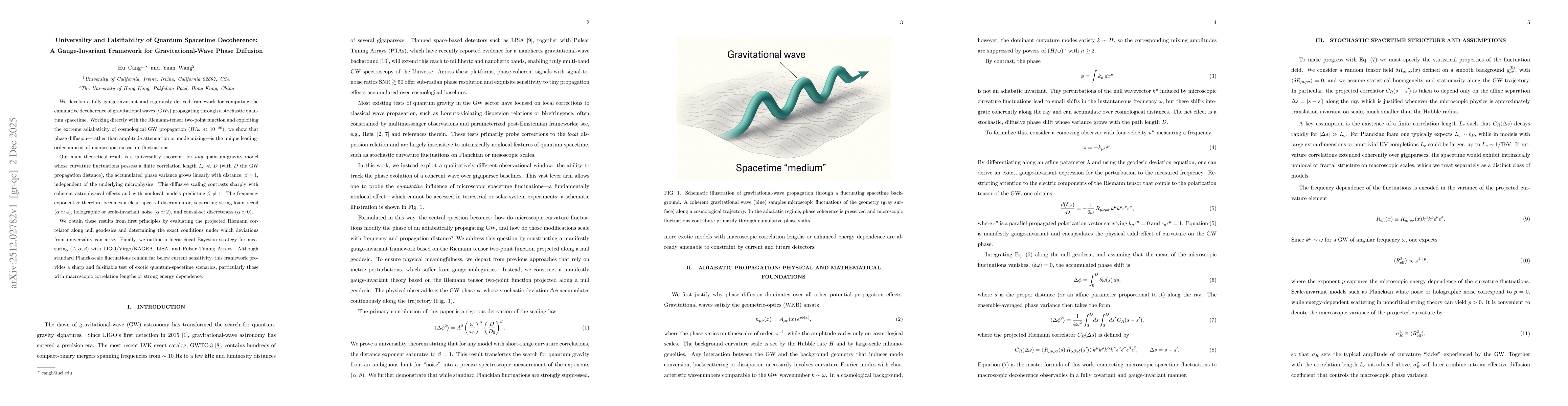 Thumbnail for Universality and Falsifiability of Quantum Spacetime Decoherence: A Gauge-Invariant Framework for Gravitational-Wave Phase Diffusion